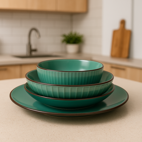 Casă și Grădină - Set vesela 16 piese pentru 4 persoane, Ceramica, design modern, culoare Turquoise