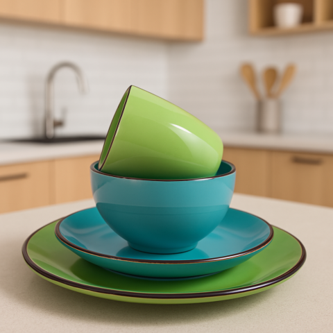 Casă și Grădină - Set vesela 16 piese pentru 4 persoane, Ceramica, design modern, culoare Verde, Bleu