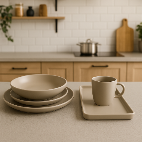 Casă și Grădină - Set vesela 17 piese, pentru 4 persoane, Ceramica, design modern, culoare Alb