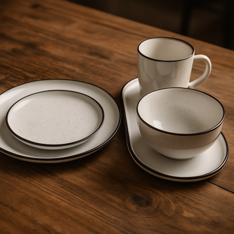 Casă și Grădină - Set vesela 17 piese, pentru 4 persoane, Ceramica, design modern, culoare Alb cu margine argintie