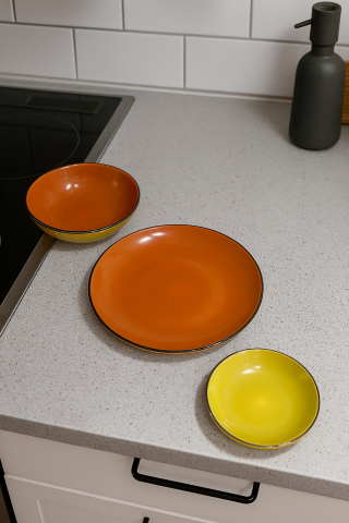 Set vesela 18 piese, pentru 6 persoane, Ceramica, design modern, culoare Galben, Portocaliu [3]