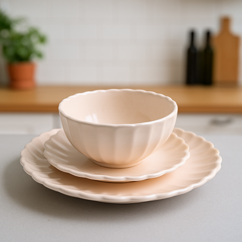 Set vesela 18 piese, pentru 6 persoane, Ceramica, design modern, forma petale, culoare Roz prafuit [1]