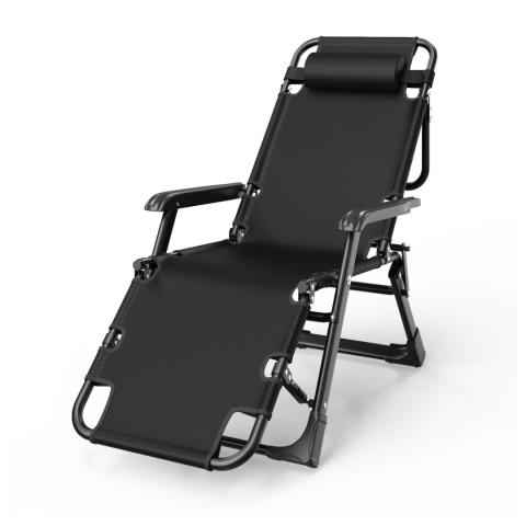 Camping - Sezlong/Scaun pliant pentru gradina/plaja/terasa, gravitatie zero, cu tetiere, 178x52 cm intins, Negru