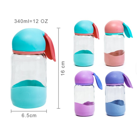 Sticla de apa cu capac tip ureche si baza din silicon, design pastel, Verde [1]