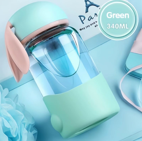 Diverse - Sticla de apa cu capac tip ureche si baza din silicon, design pastel, Verde