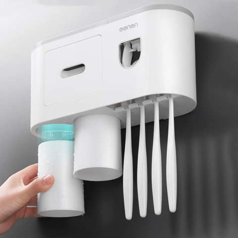 Suport pentru periuțele de dinți, cu dispenser pastă de dinți și 2 pahare, Alb [1]