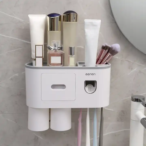 Suport pentru periuțele de dinți, cu dispenser pastă de dinți și 2 pahare, Alb [7]