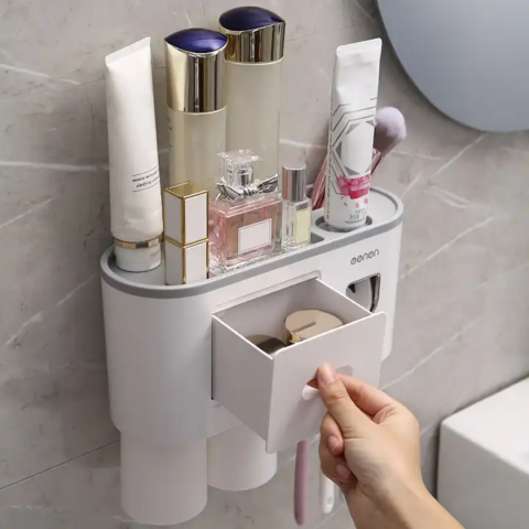 Suport pentru periuțele de dinți, cu dispenser pastă de dinți și 2 pahare, Alb [6]