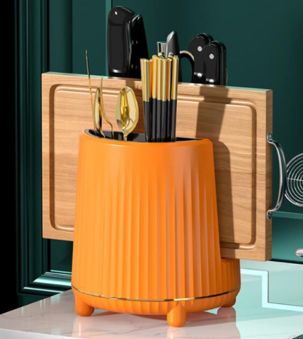 Suport pentru tacamuri din plastic, suport rotativ 360 grade, organizator multifunctional pentru ustensile de bucatarie, 21x 20 x21.5cm, Portocaliu [1]