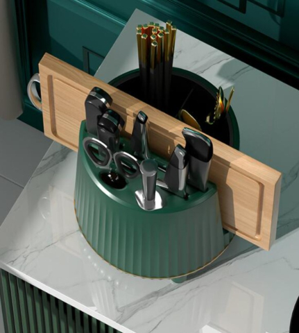 Suport pentru tacamuri din plastic, suport rotativ 360 grade, organizator multifunctional pentru ustensile de bucatarie, 21x 20 x21.5cm, Verde [2]