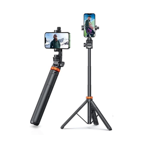 Gadgeturi - Trepied foto 2 în 1 pentru telefon, cameră și GoPro, telescopic cu telecomandă și husă, culoare negru