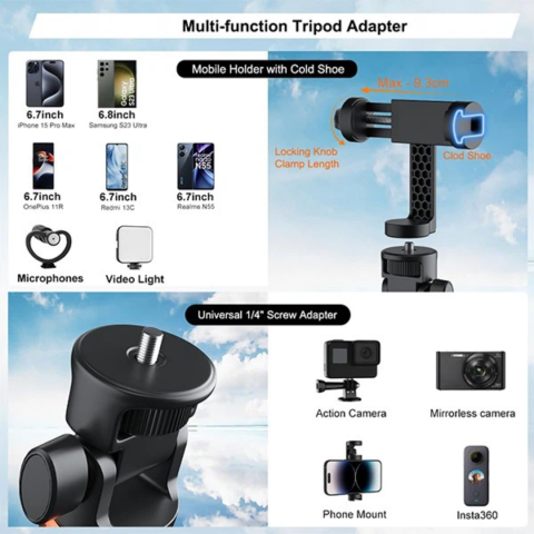 Trepied foto 2 în 1 pentru telefon, cameră și GoPro, telescopic cu telecomandă și husă, culoare negru [4]