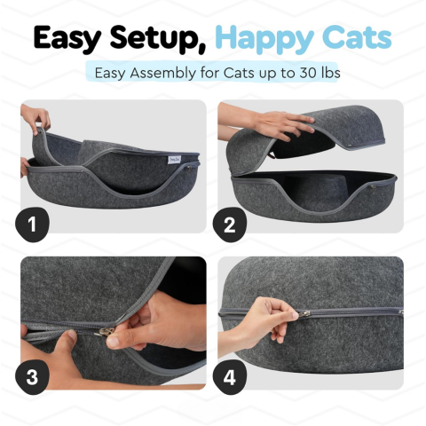 Tunel pliabil 2-in-1 din pâslă pentru pisici, formă circulară, material rezistent cu fermoar, mărime L, gri închis [3]