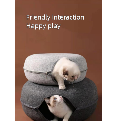 Tunel pliabil 2-in-1 din pâslă pentru pisici, formă circulară, material rezistent cu fermoar, mărime S, gri [5]