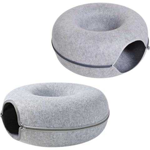 Tunel pliabil 2-in-1 din pâslă pentru pisici, formă circulară, material rezistent cu fermoar, mărime S, gri [6]