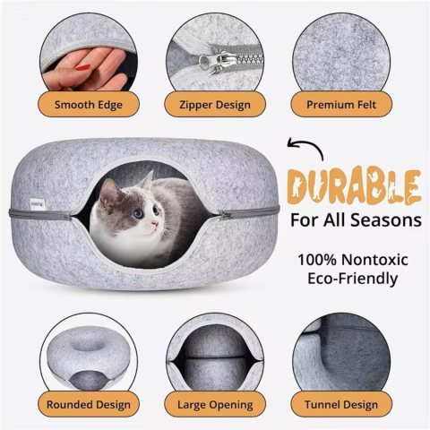 Tunel pliabil 2-in-1 din pâslă pentru pisici, formă circulară, material rezistent cu fermoar, mărime S, gri [2]