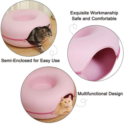 Tunel pliabil 2-in-1 din pâslă pentru pisici, formă circulară, material rezistent cu fermoar, mărime S, roz [3]