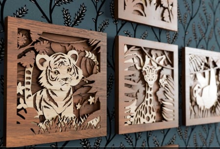 Tablouri / Decor Perete - Tablouri din lemn pentru camera copilului – animale din jungla  (set 3 sau 5 bucati)