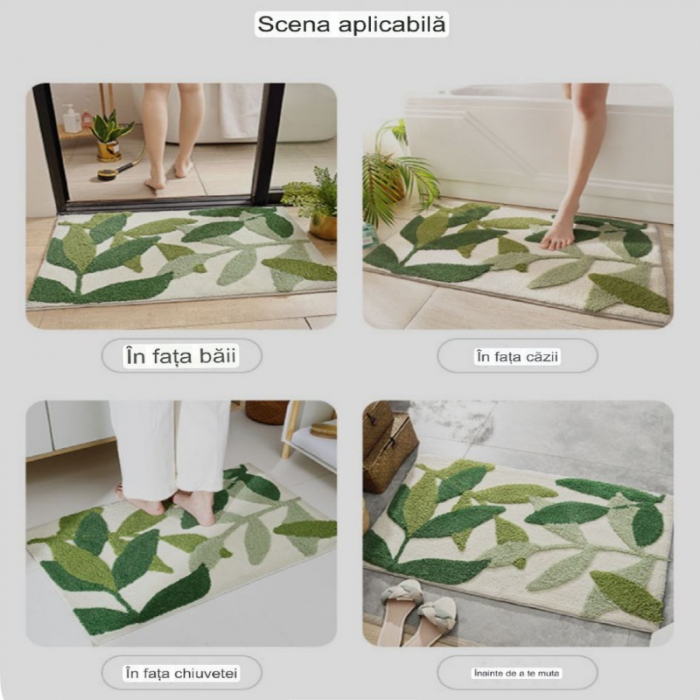 Covoras de baie, mediu, absorbant, antiderapant, design cu frunze verzi diferite nuante, 50x80 cm, Verde [6]