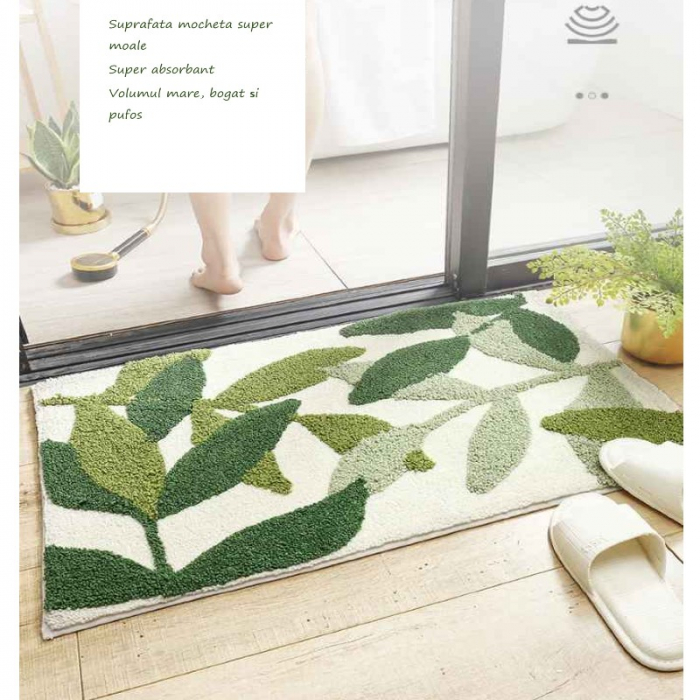 Covoras de baie, mediu, absorbant, antiderapant, design cu frunze verzi diferite nuante, 50x80 cm, Verde [4]