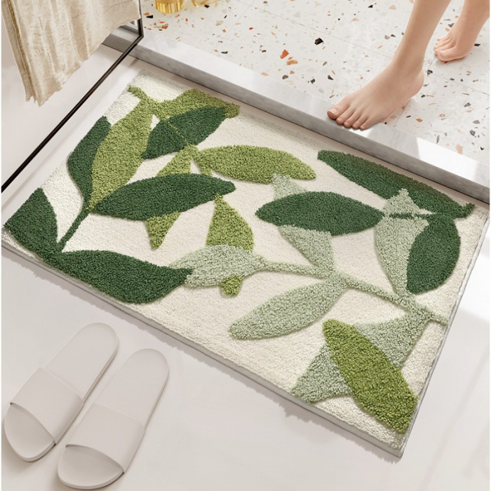 Covoras de baie, mediu, absorbant, antiderapant, design cu frunze verzi diferite nuante, 50x80 cm, Verde [3]