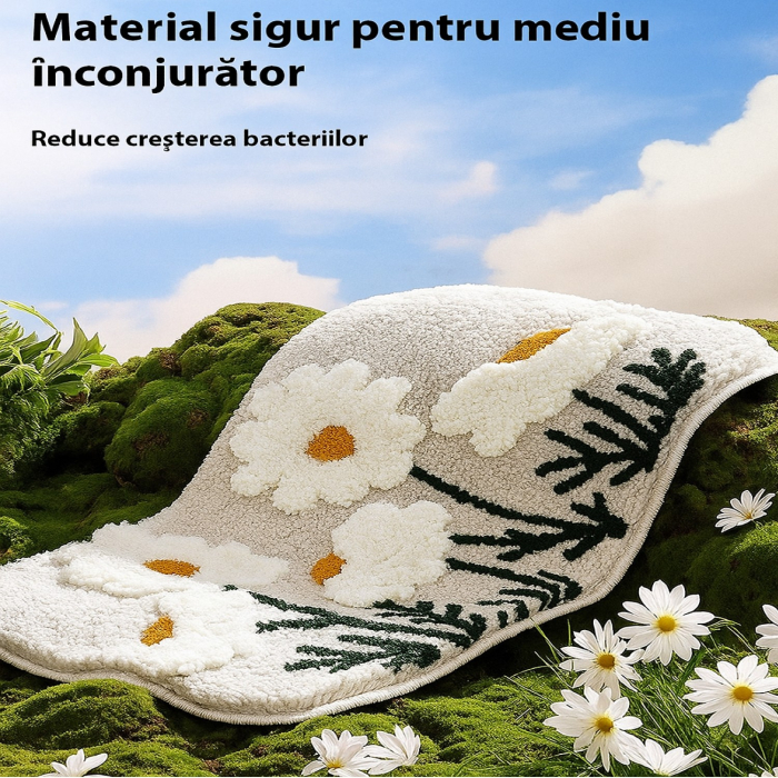 Covoras De Baie Pufos Boutique Deluxe, Design Tridimensional Flori, Ultra-Absorbant, Antiderapant, Ideal Pentru Baie, Alb [3]