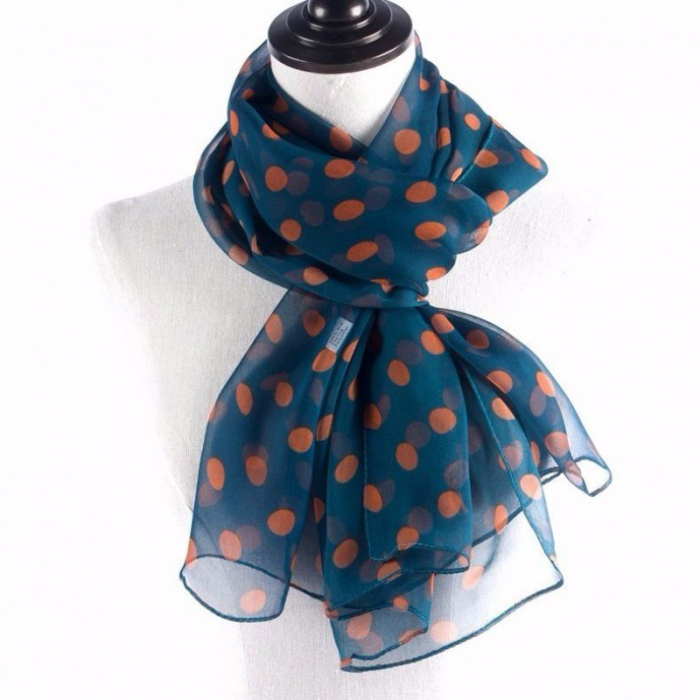 Esarfa dama mare, eleganta, voal, cu buline portocalii, Albastra [4]