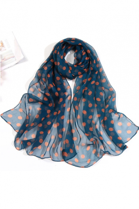 Esarfa dama mare, eleganta, voal, cu buline portocalii, Albastra [2]
