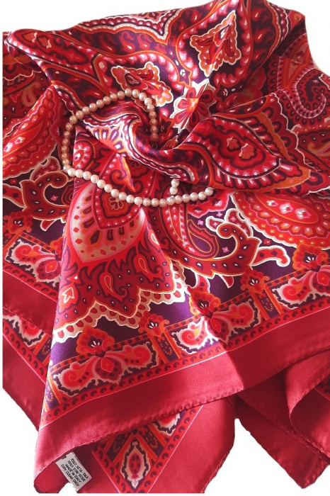 Esarfa dama, matase naturala 100 %, rosie, cu diverse forme si motive, 90x90 cm, Fattorseta, made in Italy [5]