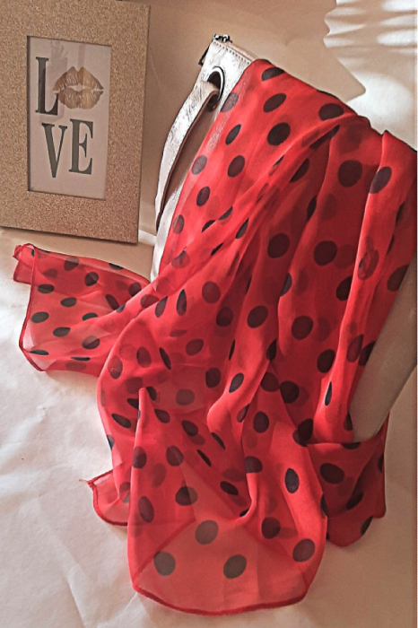 Esarfa dama, tip sal , mare, fond rosu cu buline negre, 50x160 cm [5]