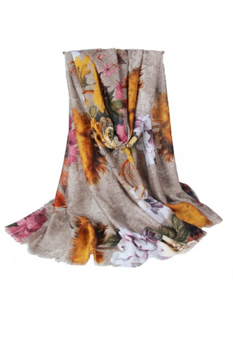 Esarfa dama, tip sal, print floral, multicolora, fond bej, 90 x 180 cm [1]