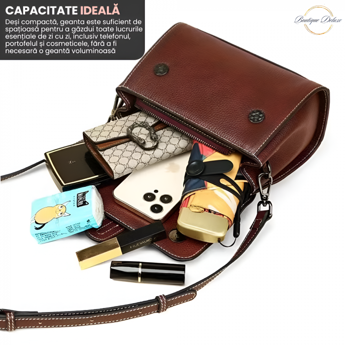Geanta dama crossbody mica, retro, din piele naturala, model korean, cu catarama, Maro inchis havana [7]