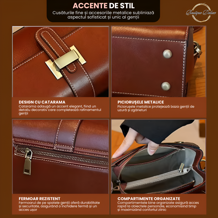 Geanta dama crossbody mica, retro, din piele naturala, model korean, cu catarama, Maro inchis havana [5]