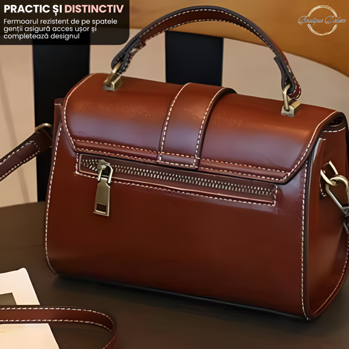 Geanta dama crossbody mica, retro, din piele naturala, model korean, cu catarama, Maro inchis havana [6]