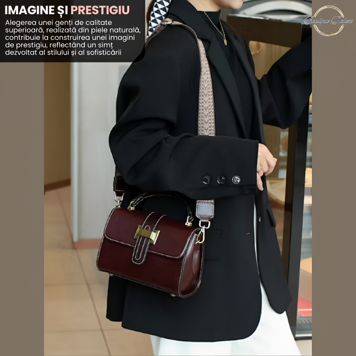 Geanta dama crossbody mica, retro, din piele naturala, model korean, cu catarama, Maro inchis havana [4]