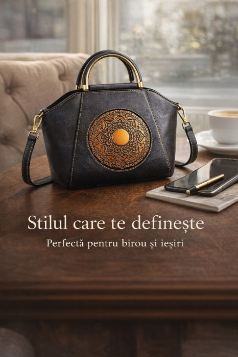 Geanta dama din piele naturala premium, design elegant in relief, compartimentare inteligenta, ideala office si evenimente, gri grafit [2]