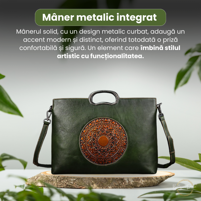 Geanta dama eleganta din piele naturala, Boutique Deluxe, model totem in relief, 2 manere fixe, curea reglabila, buzunare multiple, sistem de inchidere cu fermoar, verde [5]