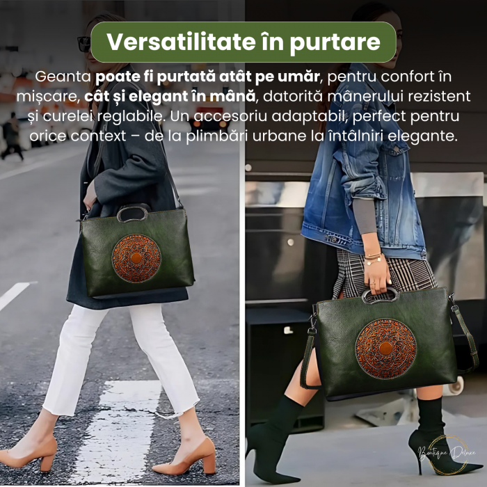 Geanta dama eleganta din piele naturala, Boutique Deluxe, model totem in relief, 2 manere fixe, curea reglabila, buzunare multiple, sistem de inchidere cu fermoar, verde [3]