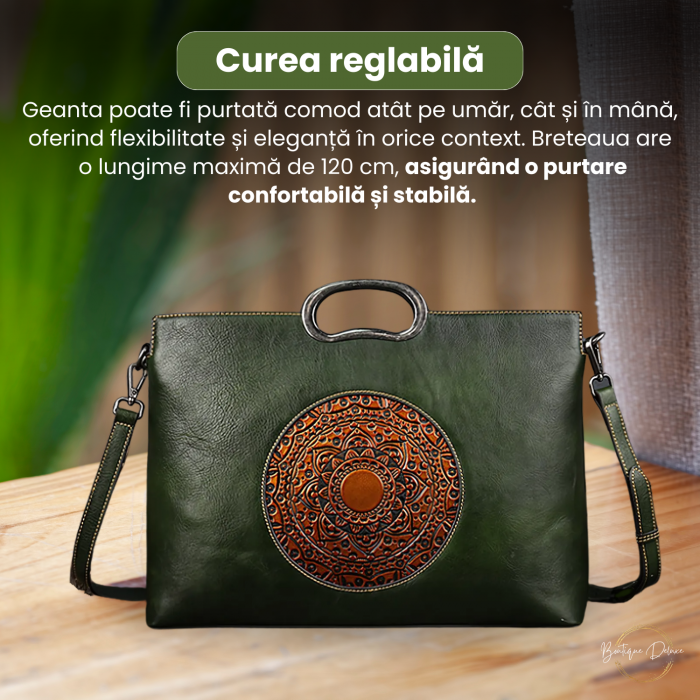 Geanta dama eleganta din piele naturala, Boutique Deluxe, model totem in relief, 2 manere fixe, curea reglabila, buzunare multiple, sistem de inchidere cu fermoar, verde [6]