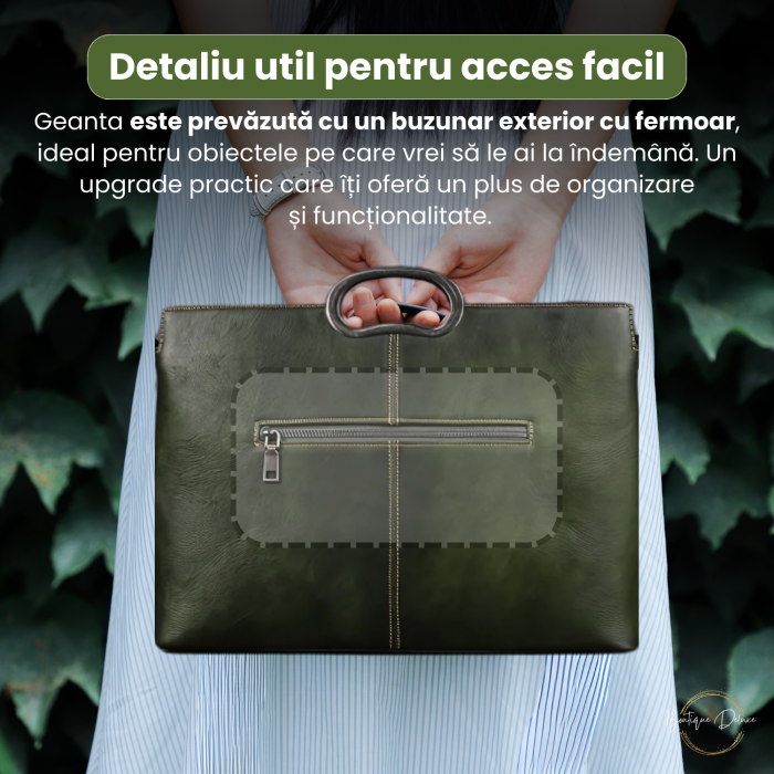 Geanta dama eleganta din piele naturala, Boutique Deluxe, model totem in relief, 2 manere fixe, curea reglabila, buzunare multiple, sistem de inchidere cu fermoar, verde [4]