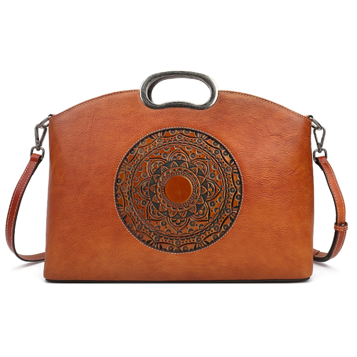 Geanta dama eleganta din piele naturala, Boutique Deluxe, model totem in relief, 2 , spatioasa, maro cognac [1]