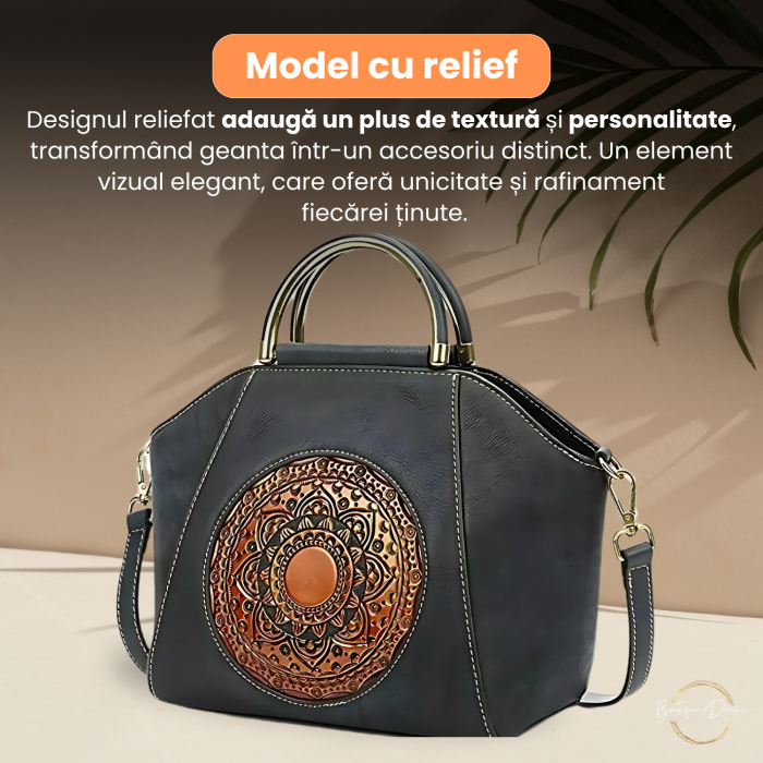 Geanta Dama Marime Medie Boutique Deluxe Piele Naturala, Eleganta, Model cu Relief, Compartimentare Eficienta, Bareta Detasabila si Ajustabila, Elemente Metalice Aurii, Gri Grafit [5]