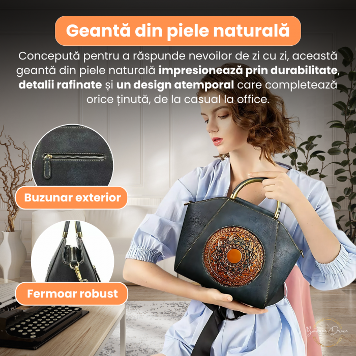 Geanta Dama Marime Medie Boutique Deluxe Piele Naturala, Eleganta, Model cu Relief, Compartimentare Eficienta, Bareta Detasabila si Ajustabila, Elemente Metalice Aurii, Gri Grafit [2]