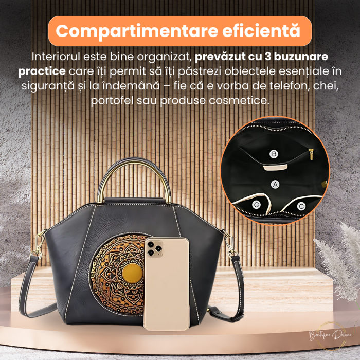 Geanta Dama Marime Medie Boutique Deluxe Piele Naturala, Eleganta, Model cu Relief, Compartimentare Eficienta, Bareta Detasabila si Ajustabila, Elemente Metalice Aurii, Gri Grafit [7]