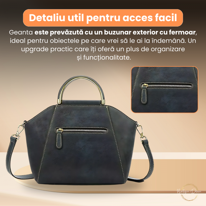 Geanta Dama Marime Medie Boutique Deluxe Piele Naturala, Eleganta, Model cu Relief, Compartimentare Eficienta, Bareta Detasabila si Ajustabila, Elemente Metalice Aurii, Gri Grafit [4]