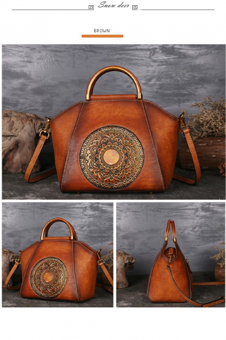 Geanta dama, marime medie, design modern, cu model in relief, piele naturala, 30x31x15cm, Maro [2]