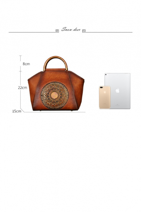 Geanta dama, marime medie, design modern, cu model in relief, piele naturala, 30x31x15cm, Maro [3]