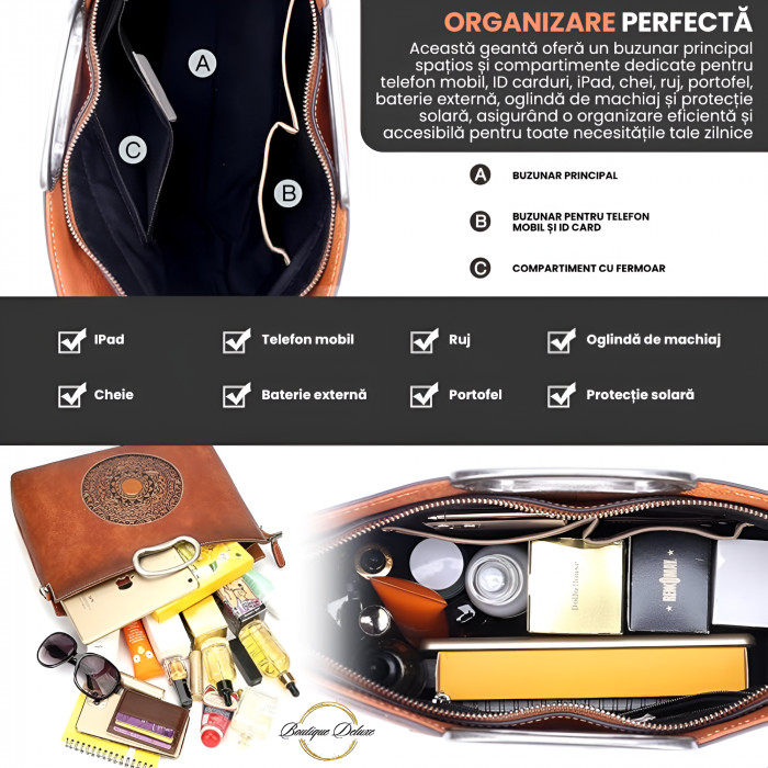 Geanta dama, marime medie, piele naturala, cu manere argintii patinate, Maro [8]