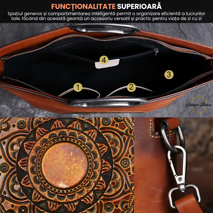 Geanta dama, marime medie, piele naturala, cu manere argintii patinate, Maro [4]