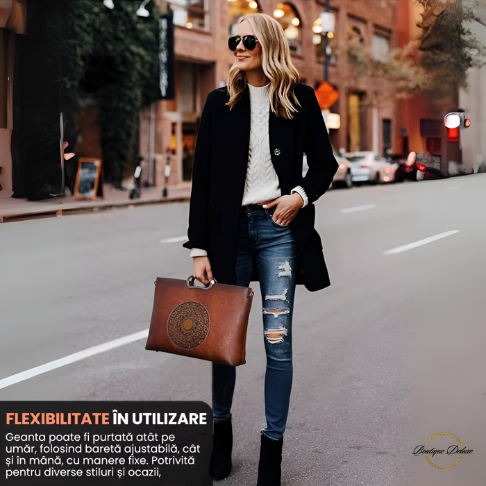 Geanta dama, marime medie, piele naturala, cu manere argintii patinate, Maro [7]